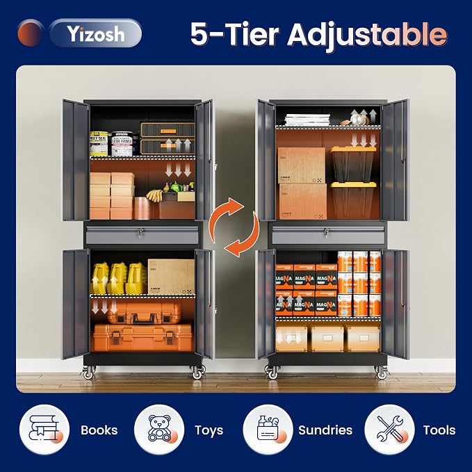 Metal Garage Storage Cabinet with Locking Doors and Adjustable Shelves, -73" Steel Rolling Tool Storage Cabinet with 4 Wheels and 1 Drawer for Garage,Office,Warehouse