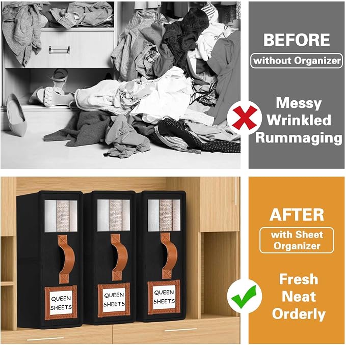 Bed Sheet Organizers and Storage, 4Pack Foldable Organizer for Linen Closet | 800D Thickened Fabric, Clear Window & Labels, Leather Handle, Dust & Moisture Proof, Fits King & Queen Sheet Sets