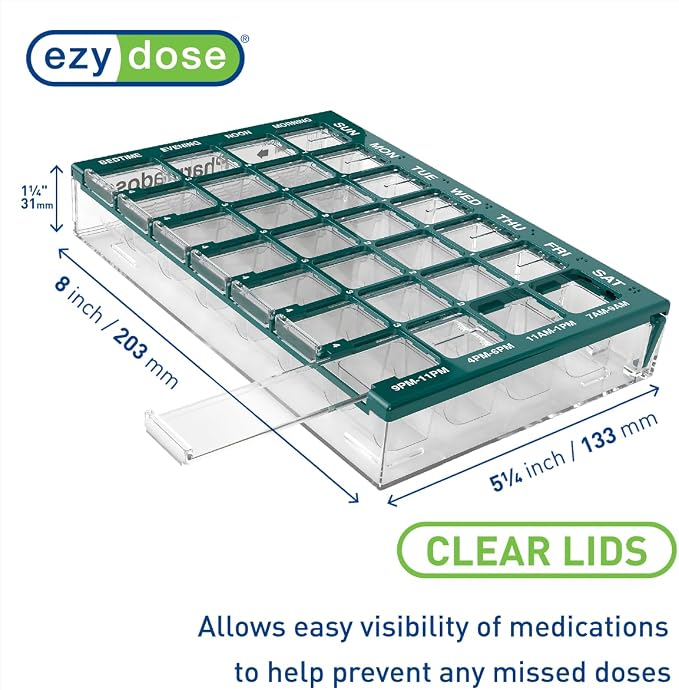 Ezy Dose Pharmadose Weekly 7-Day, 4X/Day Pill Organizer, Green, Medium | 28 Medium Compartment Pill Case, Medicine Planner, Vitamin Organizer with Easy Fill Tray, BPA Free