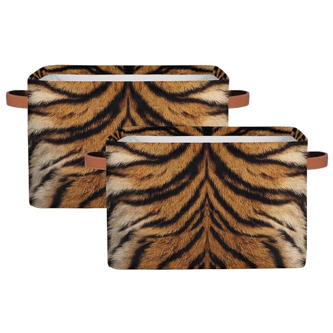 AUUXVA SEULIFE Animal Tiger Leopard Print Foldable Storage Basket, Large Collapsible Organizer Storage Bin Cube Toys Storage Boxes with Handles for Bathroom Kids Nursery Closet Storage, 2 Pack
