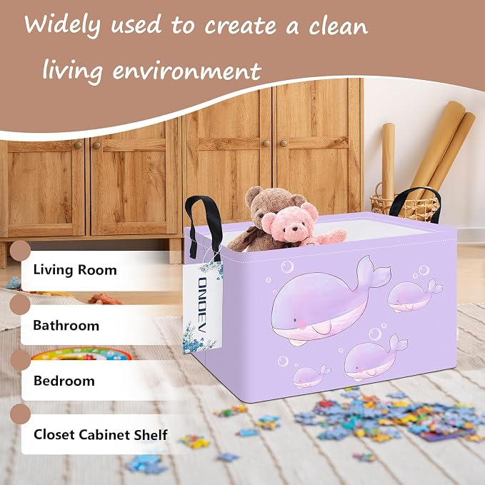 Rectangular Purple Whale Waterproof Collapsible Storage Bin Organizer | stain-proof canvas, reinforced handles, planet print for laundry, study, living room, hallway, closet and playroom