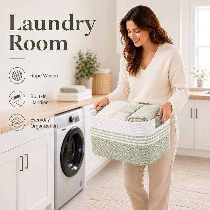 15.4GAL Woven Laundry Basket for Kids, Cute Boho Square storage basket for Living Room Decor, Baby Girls Boys Toys Stuffed Animal Decorative Short Hamper for Dirty Clothes, Bath Towel White Green