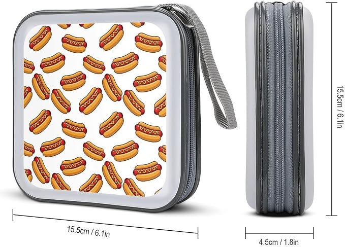 Portable CD Holder Case with Strap Hot Dog Food, 40-Capacity Hard Plastic Storage Binder, Protective Wallet for Car Office Travel