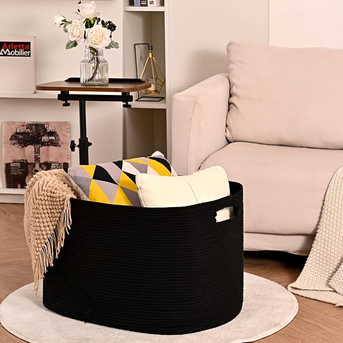 ICERZCZ Large Black Blanket Basket, Storage Baskets for Blankets, Woven Baskets for Storage, Woven Cotton Rope Basket for Toys, Clothes, Shoes, Books, Black, 25”x16”x16” (105L)
