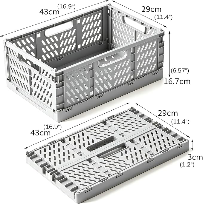 Tobeso-Nuoze 2 Pack Pastel Plastic Storage Baskets-20L Space-Saving Bins | Plastic Collapsible Storage Crates Foldable Plastic Crates for Storage Collapsible Crates for Organizing (Grey)