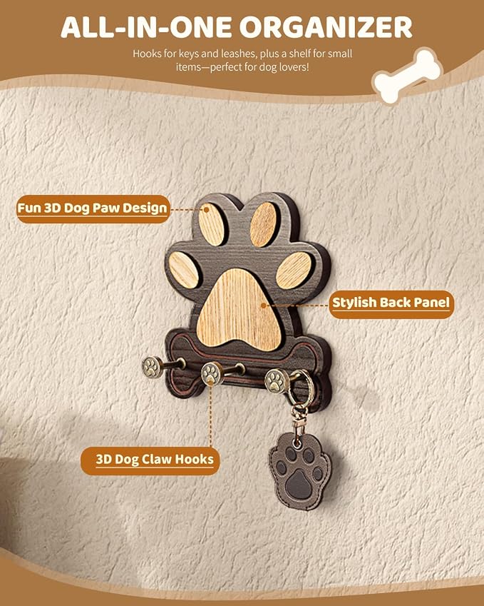 MTERSN Pine Wood Dog Leash Holder for Wall with 3 Hooks, Dark Brown