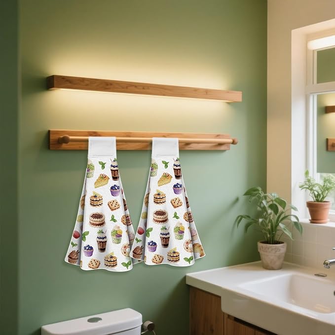 CUTHOLLOW Baking Desserts Cakes Hanging Kitchen Towels with Loop, Set of 2 - Soft & Super Absorbent Microfiber Decorative Hanging Dish & Hand Towel, Tea, Coffee Towel for Kitchen Bathroom Oven Handle