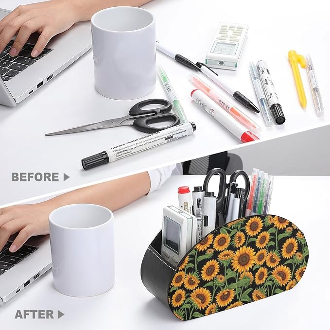 Leather Remote Control Holder Giant Sunflower Black Office Desk Organizer | with 5 Compartments, Giant Sunflower Black Caddy Storage Box for TV Remotes, Media Controllers, Makeup Brush