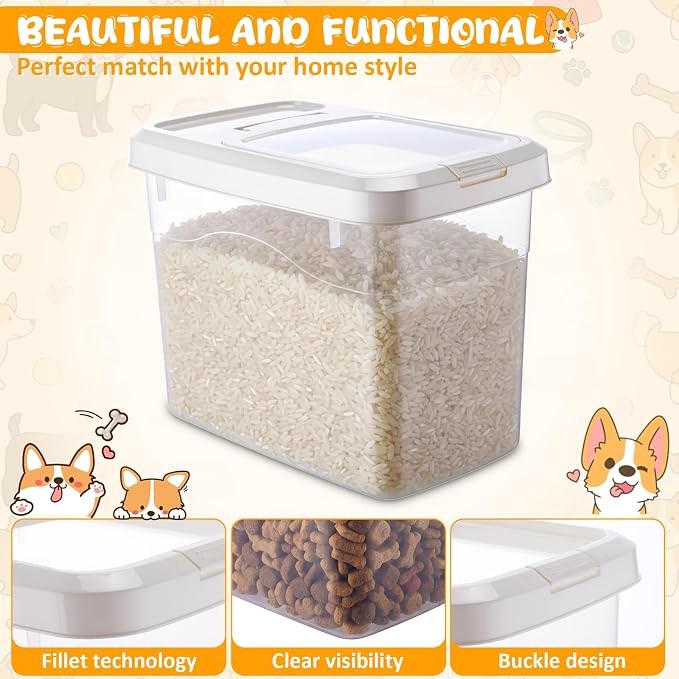 2 Pack 20 Lbs Airtight Dog Food Storage Container with Scoops | 2 Measuring Cups, Flip Lids, Clear Bins with Markings, Preserve Freshness, Pet Dog Cat Rice Grain Treat Storage