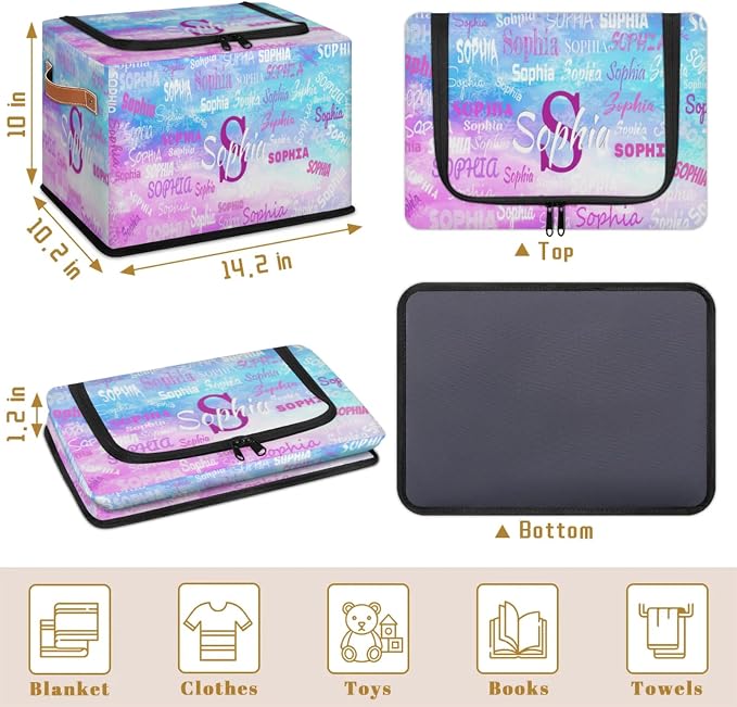 Personalized Name Storage Basket with Zipper Lid, Canvas Storage Bins Toys Clothes Organizer for Bedroom, Kitchen, Bathroom, Nursery, Shelves, Closets, Painted Blue Puple Picture