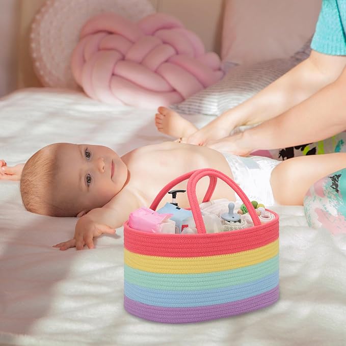COMSE Baby Diaper Caddy Organizer with Handles, Cotton Rope, Rainbow