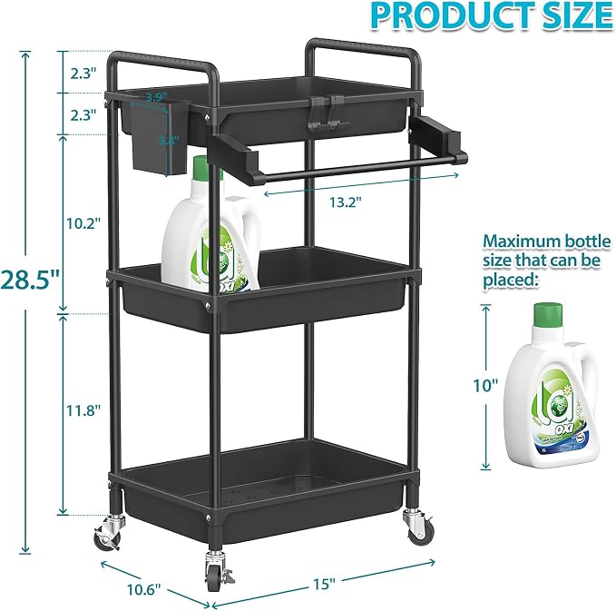 SPACEKEEPER Rolling Storage Cart, 3 Tier Utility Cart for Bathroom, Black | Rolling Cart with Lockable Wheels, Towel Rack, Hooks & Cup for Laundry Room,Kitchen,Office, Snack,Craft,Art,Makeup,Nail,Toys