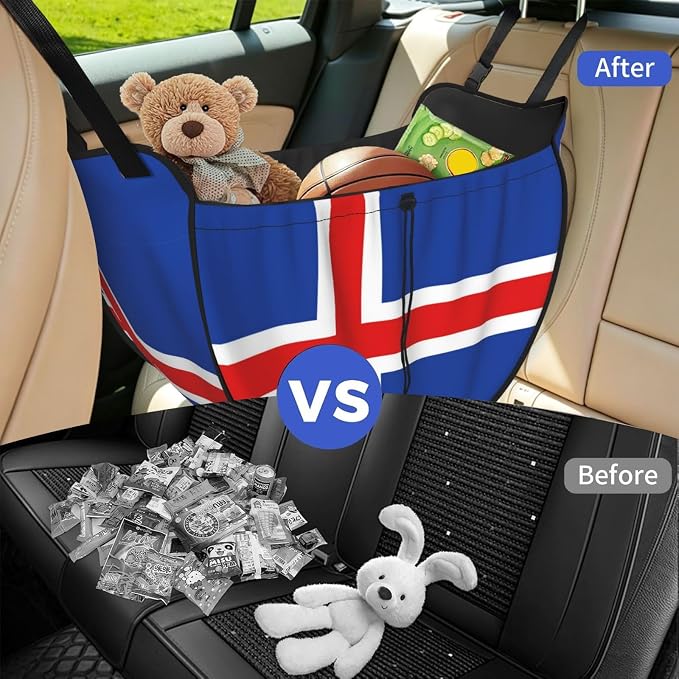 Flag of Iceland Car Seat Organizer-Backseat Storage Bag for Travel | Waterproof Durable. Holds Snacks Gear Essentials. Fits Most Cars.