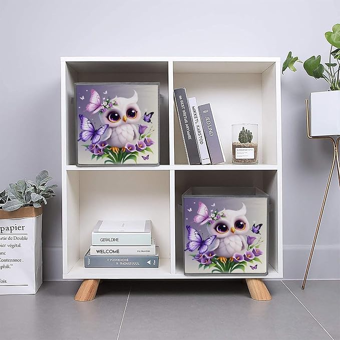 [Dreamy Cute Pet] Owl Foldable Storage Bins, 10.6" Cube Storage Organizer, Sturdy Oxford Cloth Fabric Baskets for Closet, Shelf, Nursery, Bedroom, Decorative Printed Box for Toys & Clothes