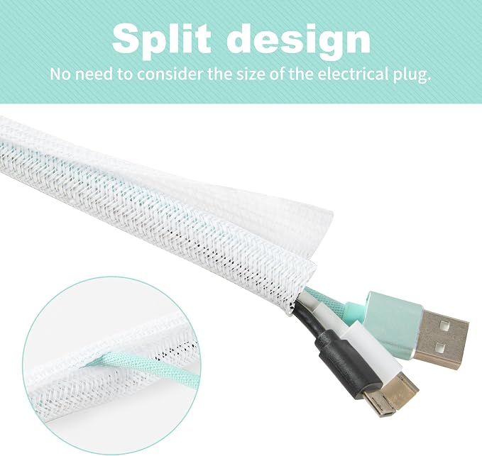 Split Wire Loom 3/8 Inch 25ft, Braided Cable Sleeve for Cable Management, Cord Protector for Pets, TV, Desk & Automotive, White
