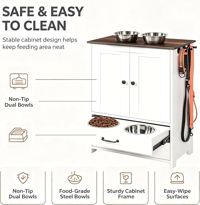 Wooden Dog Feeding Station Cabinet with Pull-Out Feeder Drawer, 2 Stainless Steel Bowls, Large Storage Cabinet & 3 Leash Hooks, Pet Food Organizer for Home Living Room Kitchen