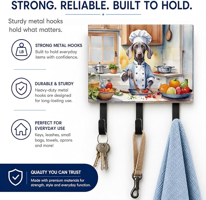 Caroline's Treasures Weimaraner The Chef Leash or Key Holder Wall Hooks, Key Hooks Holder, Coat Rack Wall Mount, Coat Hooks, Hooks for Hanging Keys, Towels, Aprons, Leashes | Weimaraner The Chef artwork on ceramic tile with three steel hooks for keys, ...