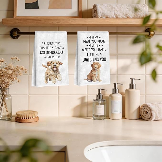 2PCs Goldendoodle Dog Kitchen Towels, Goldendoodle Gifts Hand Towels, Gifts for Golden Doodle Lovers Dish Towel Dishcloths Tea Towel for Kitchen Bathroom Decor, Gift for Women Mom, 14x24 Inch