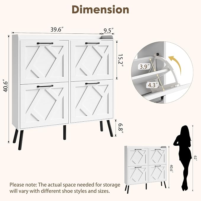 Shoe Cabinet with 4 Flip Drawers, Freestanding Shoe Organizer Cabinet with Metal Legs, Farmhouse Slim Shoe Rack Cabinet for Entryway, Foyer, Hallway, White