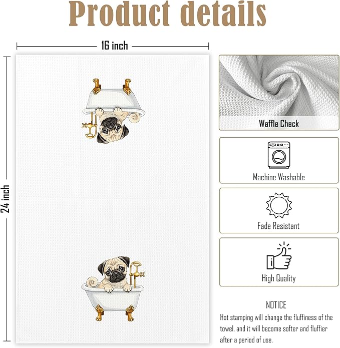 Pug Bathroom Towels, Funny Dog Bathroom Hand Towels Decorative Set of 3, Pug Dog Home Decor Gifts for Women