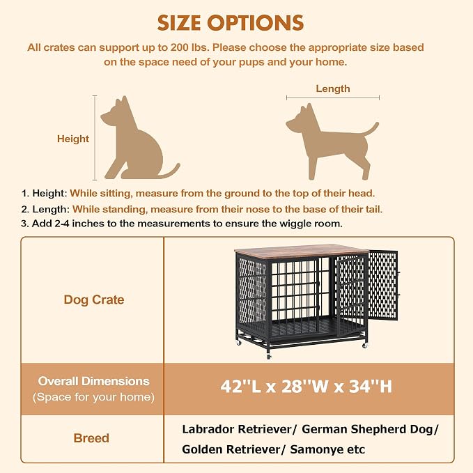 BOINN 42 inch Extra Large Dog Crate Furniture with Removable Trays, 3 Doors, 4 Wheels & 5 Locks - for Medium and Large Dogs