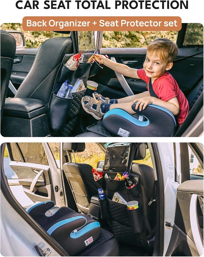 Owleys Back Seat Organizer for Kids with Seat Protector, Black Set | Hanging faux leather organizer, 8 pockets and a clear tablet pocket, with a kick mat that shields the seat back.
