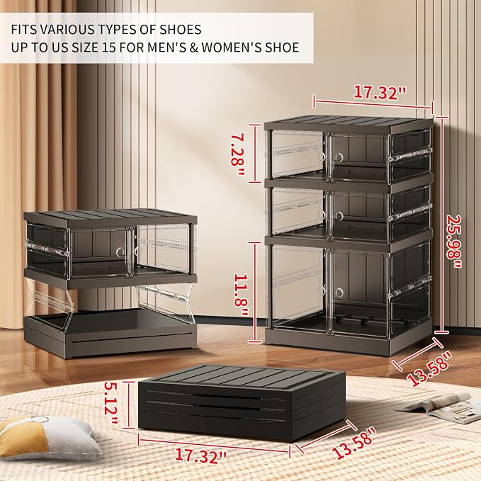 CIMLORD 3-Tier Foldable Shoe Rack, Magnetic Clear Doors, 6 Pairs, Black | Collapsible Narrow Plastic Shoe Cabinet, Stackable, Lidded, Tool-Free Assembly, Fits Boots & Sneakers, Closet & Entryway