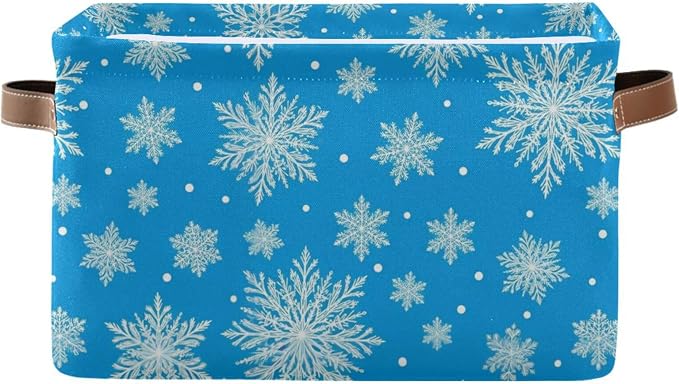 Snowflakes Christmas Blue Print Rectangular Storage Bin Basket with Handles - Organizer Bin for Books Laundry Basket for Pets Playroom Clothes