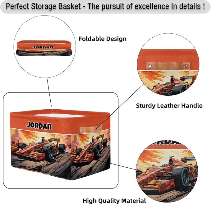 Custom Storage Baskets Named, Personalized Storage Bin Basket Boxes PU Leather Handles for Clothes Bedroom Closet Organizing Toys Books Shelves, Racing Car Background