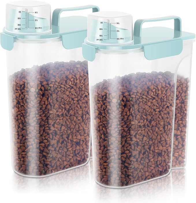 5-7LBS Dog Cat Storage Container Portable with Upgraded Large Spout and Cup, Plastic Pet Food Dispenser for Small Animal Kibble, Bird Seed, Oatmeal, Rice, Flour, Brown Sugart-2 Pack Light blue