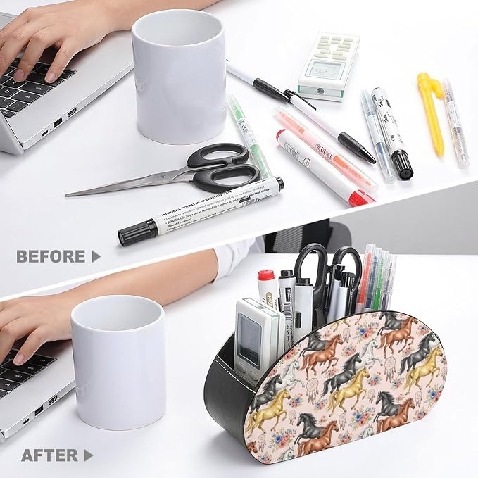 Remote Control Holder Horse Flower Pink Floral 5-Slot Storage Caddy Box | Makeup Brush Organizer, Pu Leather, Horse Flower Pink Floral Desktop Accessory for TV Remotes Media Player