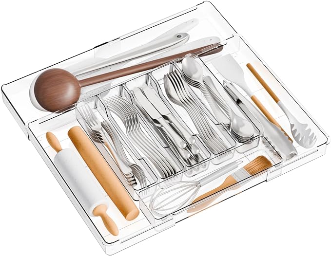 Clear Large Expandable Silverware Organizer and Kitchen Utensil Drawer Organizer,Plastic Adjustable Silverware Tray for Drawer Cutlery,Spatula,Tools,Flatware Organizers,Fork and Spoon Holder