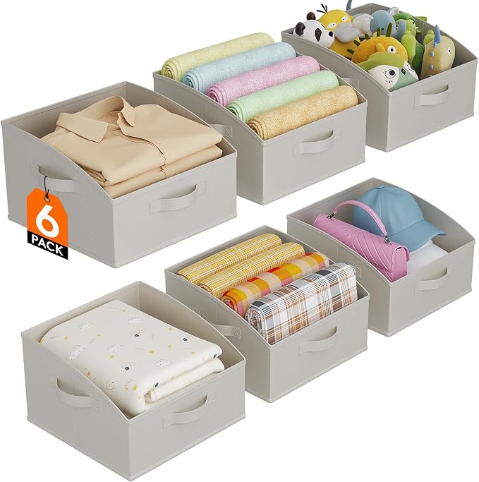 Lifewit Trapezoid Closet Storage Bin for Shelf, 6 Packs 16L, Light Gray | Non-woven Closet Organizer Baskets with Handles, Foldable Clothes Containers Boxes for Clothing, Book, Purse, Medium