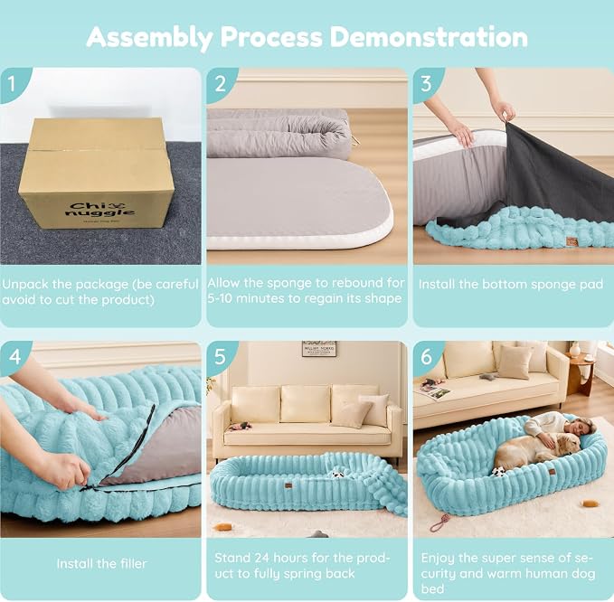 ChiXnuggle Orthopedic Human Dog Bed,Striped Faux Fur Washable Cover,Blanket | blue,72*40*10,giant dog bed for adult or extra large dogs,egg crate foam,non-slip bottom