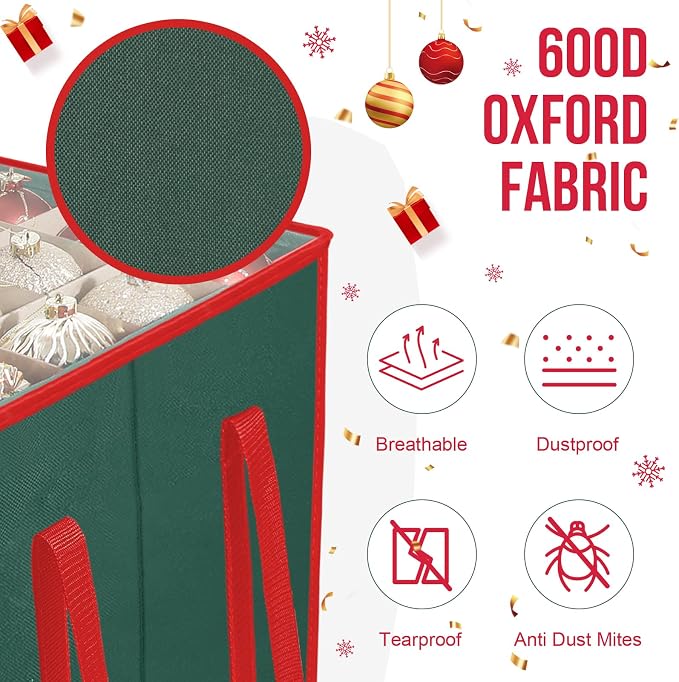 Christmas Ornament Storage Box,5 Tier Holds Up to 100-3” Holiday Décor | Xmas Ornament Organizer Container,Adjustable Dividers,Organizer Bin to Protect and Store Holiday Décor , 600D Oxford Fabric