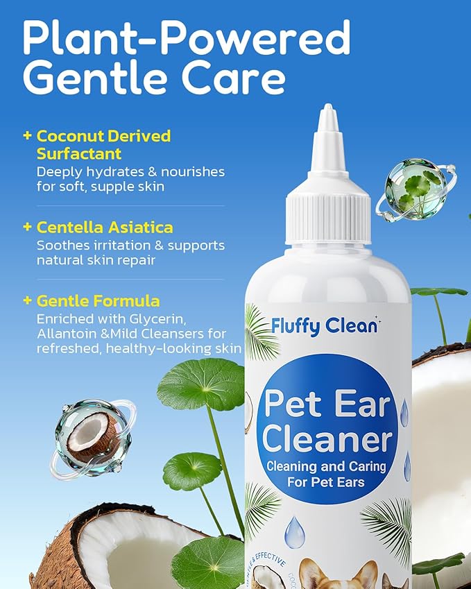 Dog Ear Cleaner - Pet Ear Wash, Flush and Drop Cleaner Solution for Cat & Dog Infection and Itch Relief, Gently Removes Debris, Wax Buildup, Odor - 8 fl oz