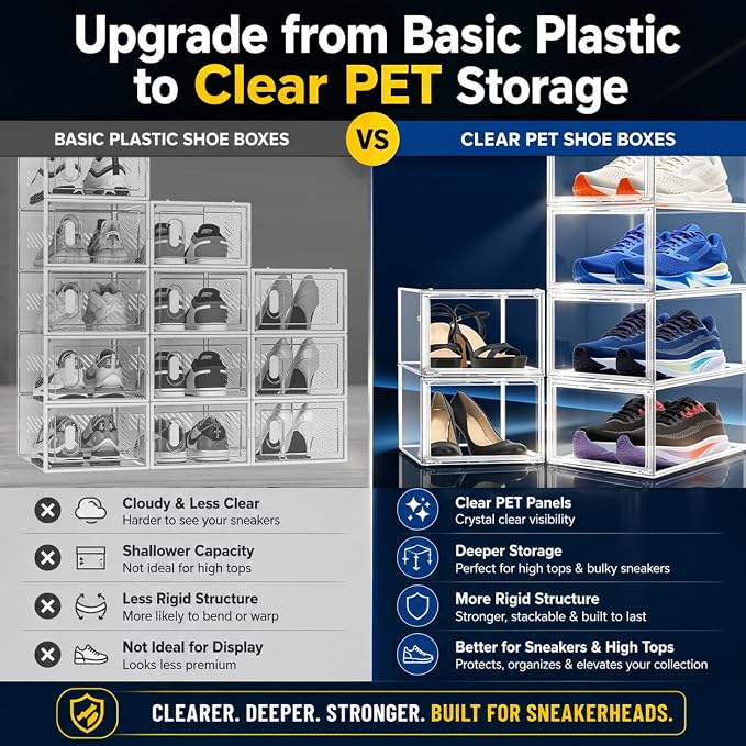 12 Pack Clear Acrylic Shoe Boxes Fit Size 12, Front Door for Small Closets | 10.2 x 13.4 x 7.5 in stackable shoe display case for apartments, dorms, entryways and compact closets. Fits up to US size 12