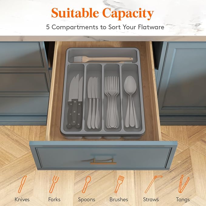 Lifewit Silverware Organizer with Lid, Covered Utensil Tray, 9.5x12.7 | Plastic Cutlery Storage Box for Kitchen Drawer and Countertop, Flatware Case Holder for Spoons Forks Knives, Gray