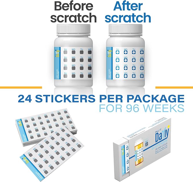 PILL IT DaYly Scratch Off Stickers, Daily Pill Reminder Medication Tracker, Pill Bottles Stickers, Portable Pill Tracker, Pill Organizer Alternative, Multi Dose, Kids, Pet, Travel, Prenatal Vitamins