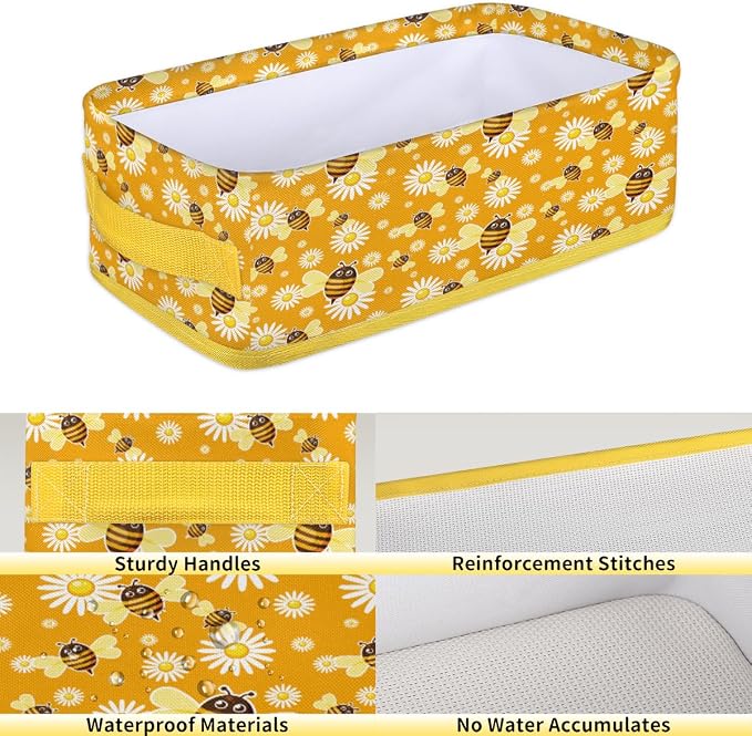 Bee Daisy Cartoon Bathroom Storage Basket, Foldable with Handle Open Countertop Paper Towel Decorative Box, Toilet Tank Top Shelf Baskets for Home Closet Bedroom Living Room Office
