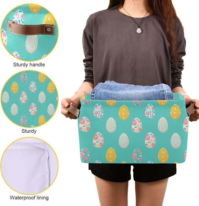 Wamika Happy Easter Day Eggs Storage Basket Fabric Laundry Baskets Easter Rabbit Bunny Spring Storage Boxes Organizer Bag for Baby Cloth Dog Toy Book Storage Cubes Shelf Closet Bins 16×12×8 Inches