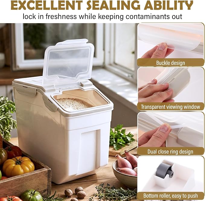 Sunnyray 4 Pcs 55 lbs Grain Rice Storage Container Flour Bin with Wheels Cup Leak Proof Pet Food Storage Boxes Seal Locking Lid Plastic Rice Containers Set for Cereal Flour Cat Dog Food (Beige)