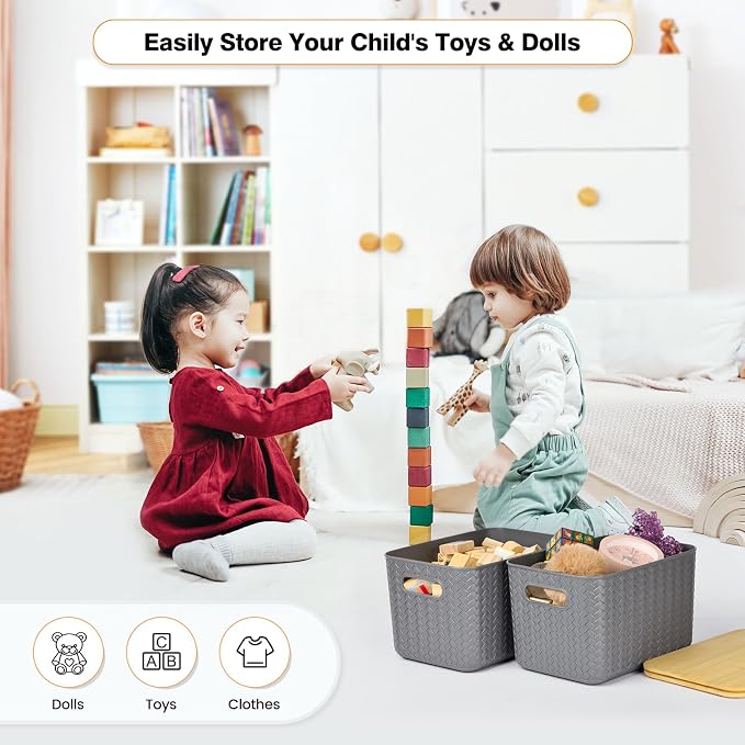 Ohmlove 4 Pack Storage Bins with Bamboo Lids,Stackable Box for Organization | Plastic Storage Containers with Handle, Storages Baskets for Organizing Desktop Closet Playroom Classroom Office, Gray