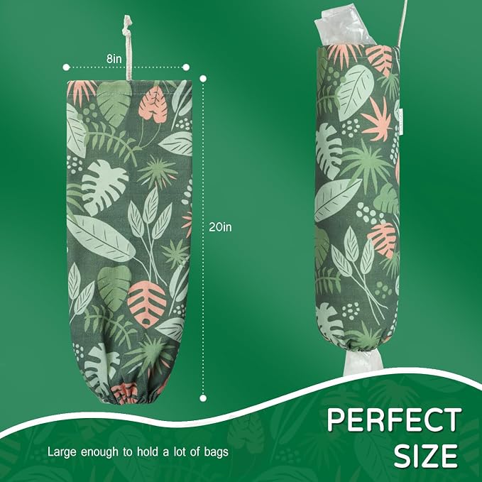 Plastic Bag Holder, Reusable Grocery Bag Holder for Plastic Bags Groceries Store, Flower Canvas Trash Plastic Bag Organizer Storage Holders for Home Kitchen Pantry Decor (Green Seaweed)