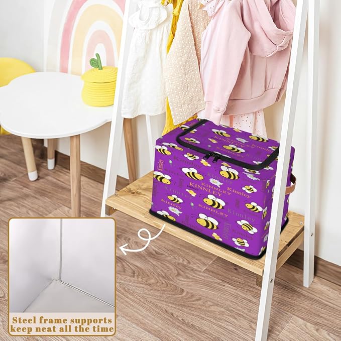Custom Storage Baskets for Kids with Name, Dark Violet Purple Large Organizer Collapsible Storage Bin with Zipper Lid Leather Handle for Home Toys Closet Nursery, Bee with Daisy Floral