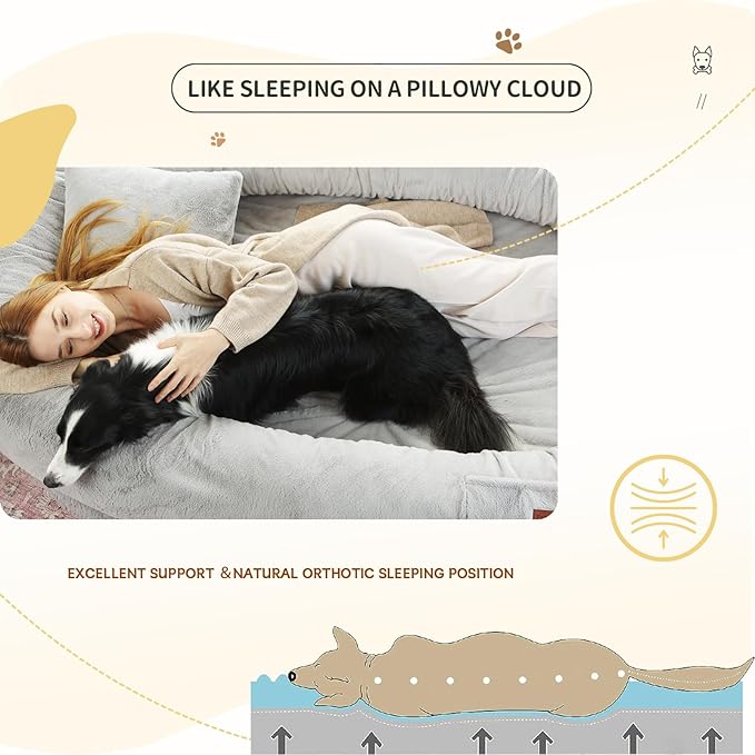 Fvkind Human Dog Bed for Adult, Human Sized Dog Bed, 71"x51"x12", Grey | Human Dog Bed, Adult Dog Bed for Humans, Thick Orthopedic Egg Crate Foam, Plush Faux Fur Cover, Blanket and Pillow Included