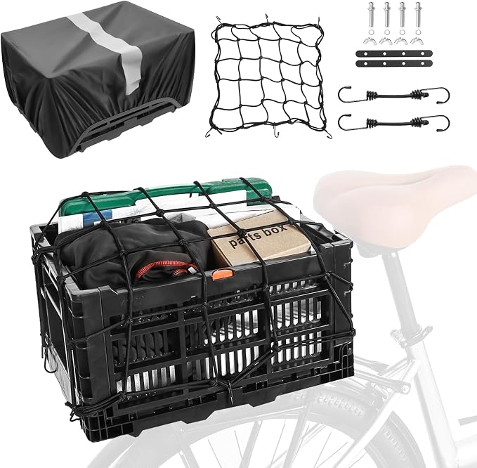 YEEGO DIRECT Bike Basket Rear,Foldable Bike Cargo Basket, Plastic Collapsible Basket for Bicycle, Rear Bike Baskets Storage Bike Milk Crate Rear Rack,Waterproof Cover for Outings,Pets E-Bike