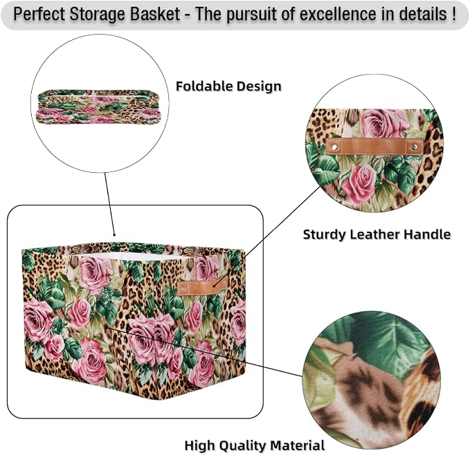 Leopard Print Floral Flower Storage Basket Storage Cube Basket Bin | Collapsible Cloth with Handles Rectangular Toys Nursery Bedroom Home Office