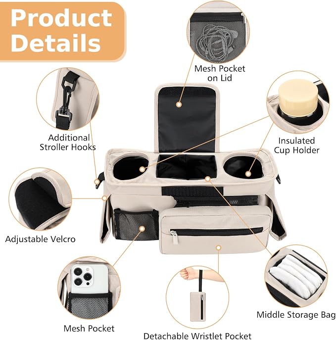 Accmor Universal Stroller Organizer with Insulated Cup Holder Detachable Phone Bag and Shoulder Strap,Stroller Bag Caddy Organizer for Uppababy, Baby Jogger, Britax Strollers