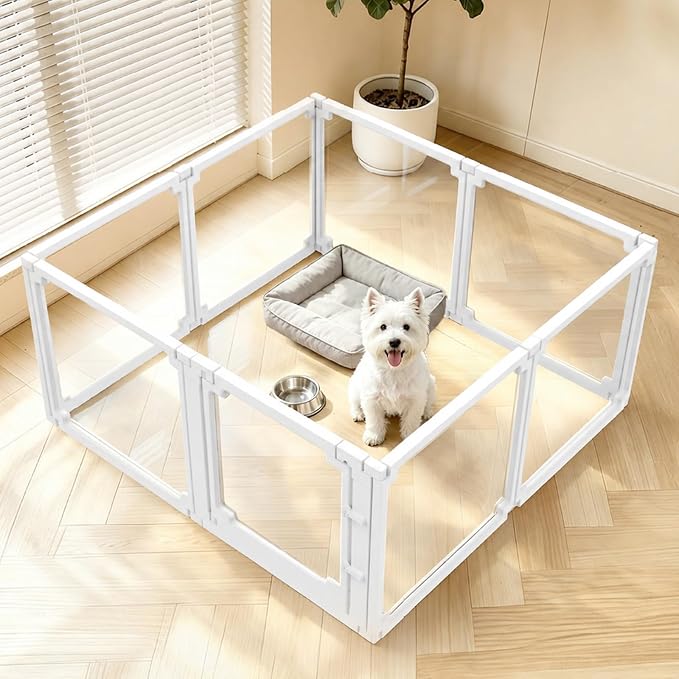 Dog Playpen, Expandable & Stackable Acrylic Dog Play Pen, FlexiSpace Adjustable Clear Dog Enclosure Indoors, Transparent Dog Fence for Dogs Cats Rabbits Small Animals (White, 24", 8 Panels)
